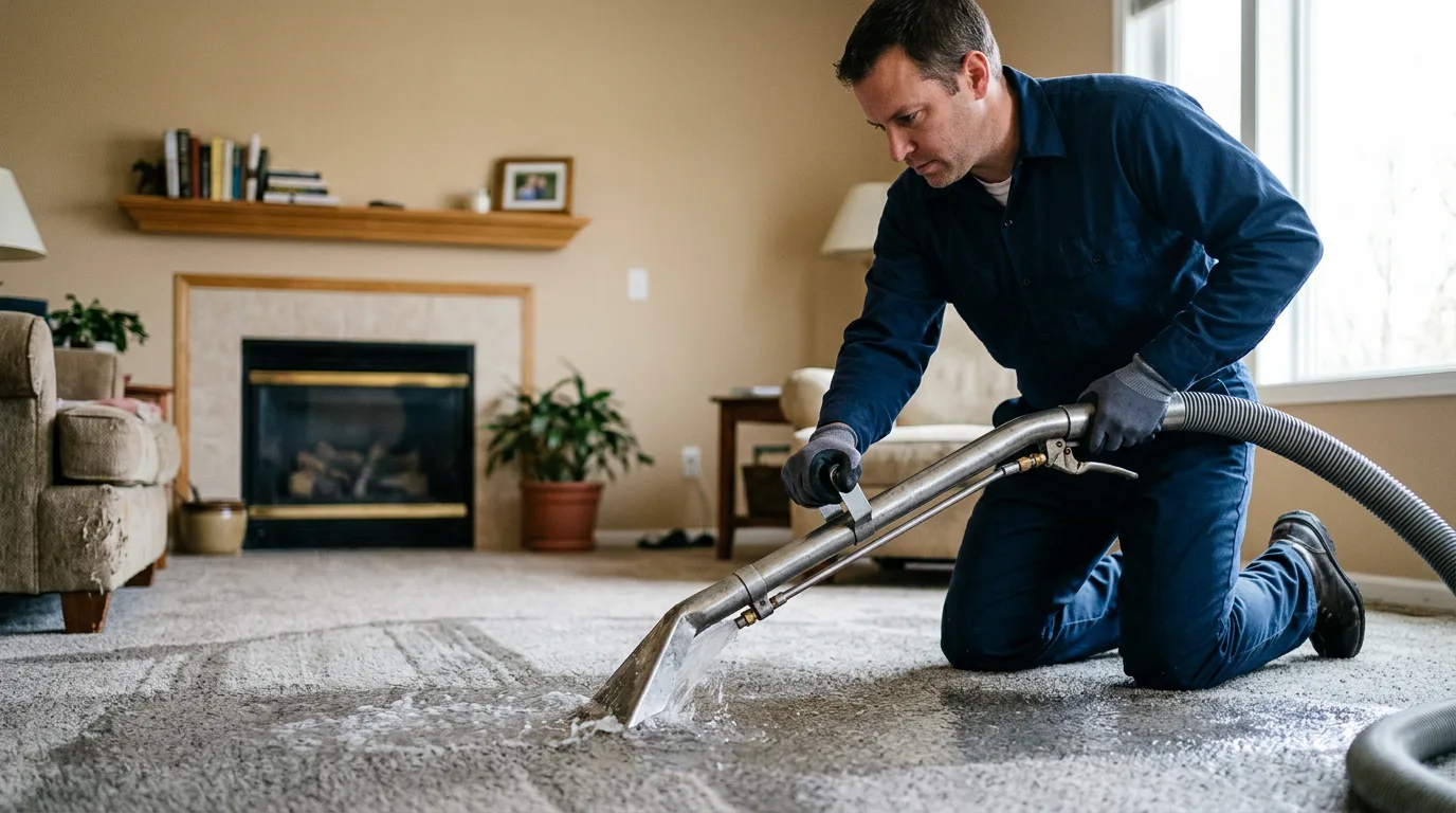 Water damage restoration technician working near Rush Center, KS